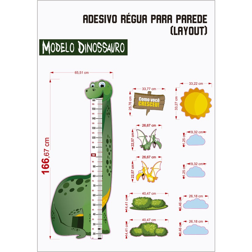 Régua Dinossauro de Medir Altura das Crianças Adesivo de Parede Conjunto