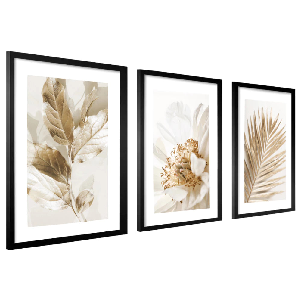 Kit 3 Quadros Decorativos Folhagem Dourada